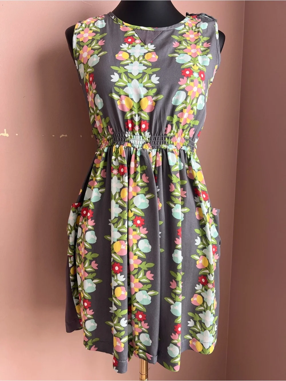 Matilda Jane Gray Floral Sleeveless Mini Dress with Pink, Yellow & Green Accents